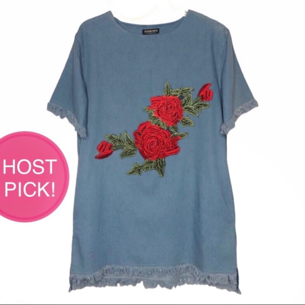 Fashion Nova Denim Chambray Floral Rose Distressed Raw Hem Tee Shirt Dress Small